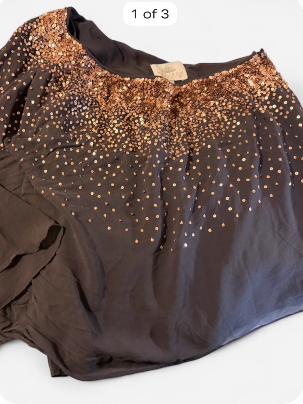 Charcoal Blouse with Rose-Gold Sequin Yoke